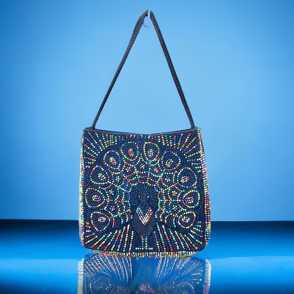 Vintage Navy Corduroy Beaded Peacock Tote Bag
